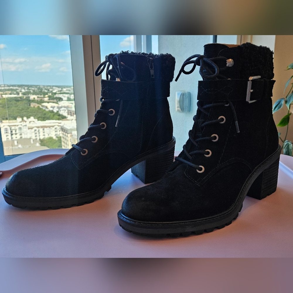 Black Suede Fur Trim Heeled Combat Boots